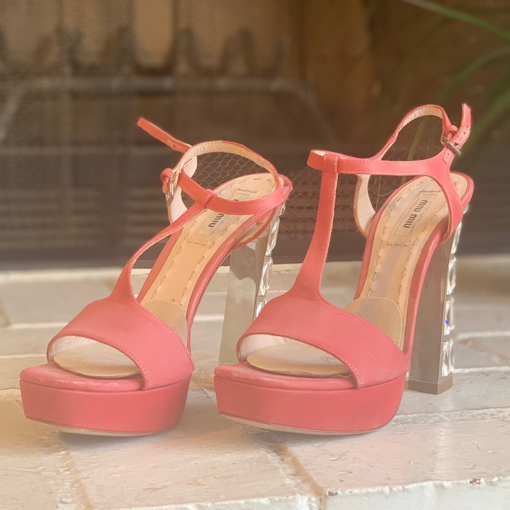 (Miu Miu) Satin Crystal Heel Platform Sandals